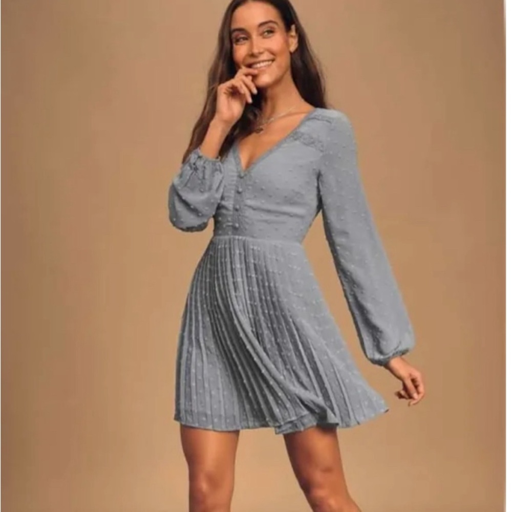 Lulu’s Poetic Love Dusty Blue Swiss Dot Long Sleeve Pleated Mini Dress